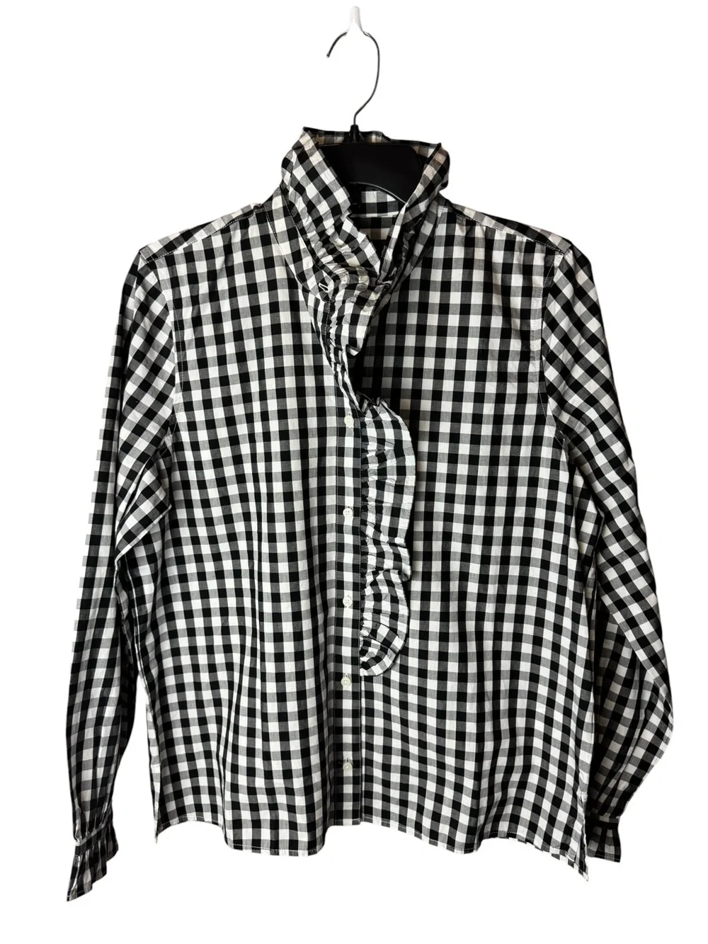 J Crew Black & White Gingham Button-Up Shirt Ruffle BP623